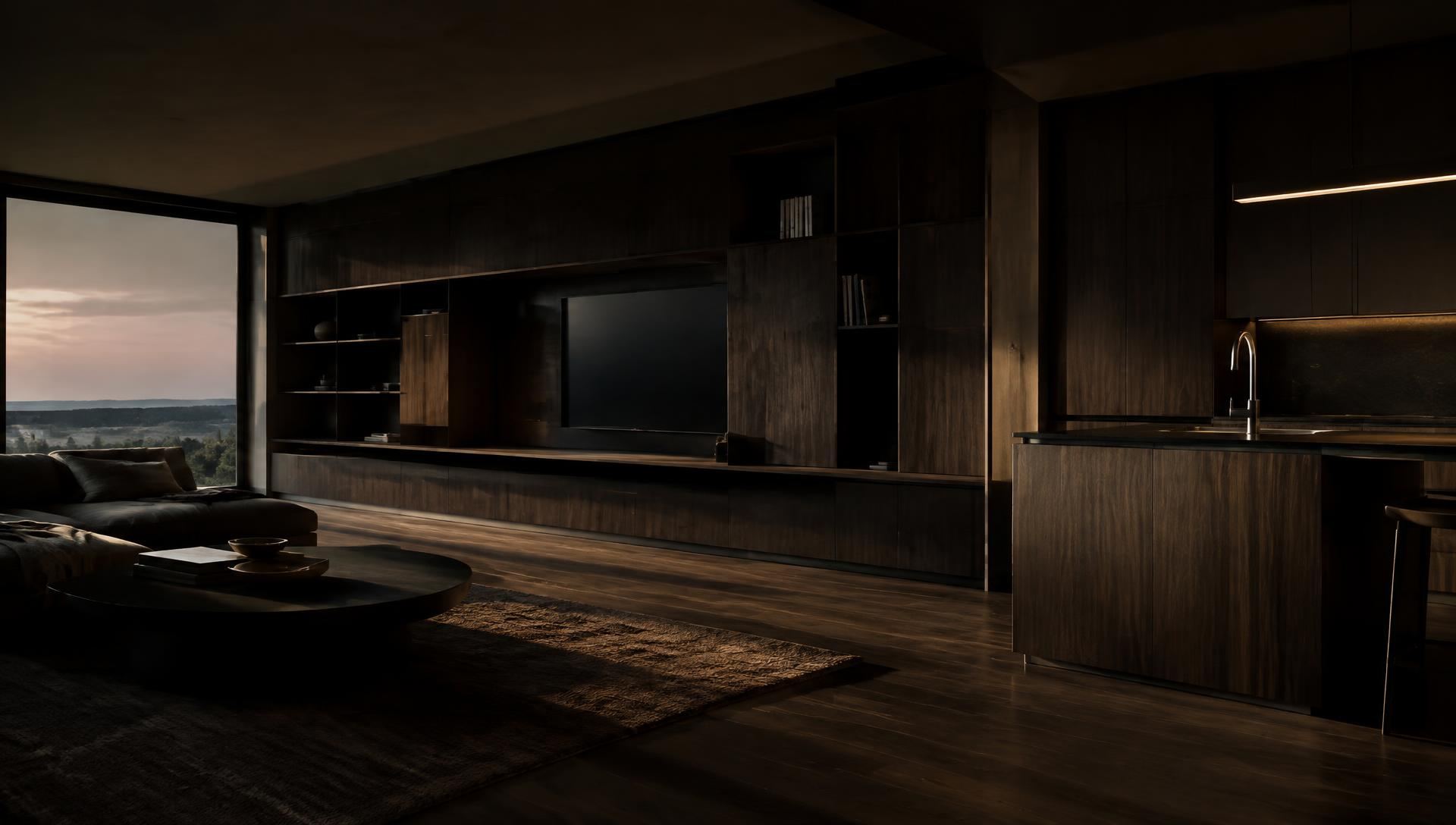 Ambiente contemporâneo com marcenaria escura ao entardecer